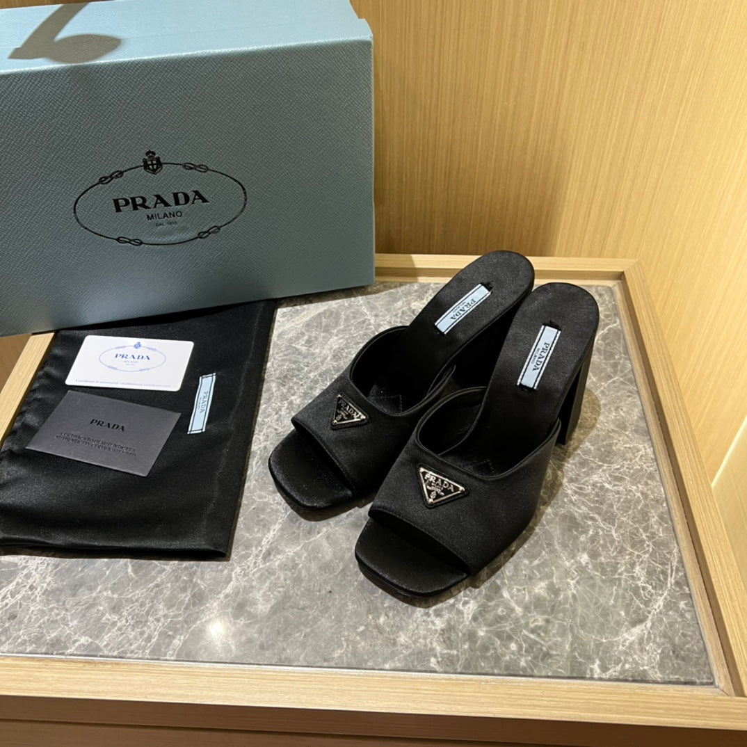 Black High-heeled satin slides
