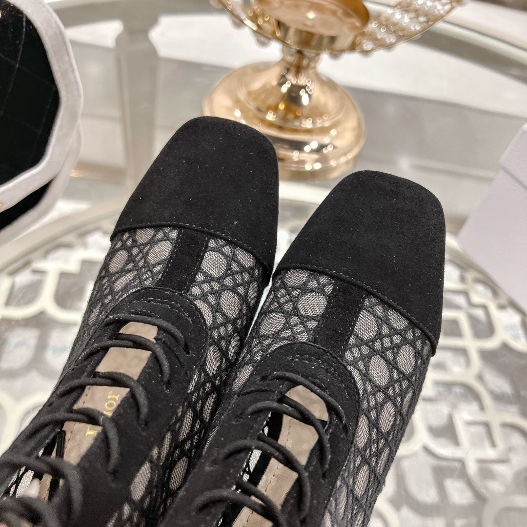 Black Cannage Motif & Suede ND Heeled Ankle Boot