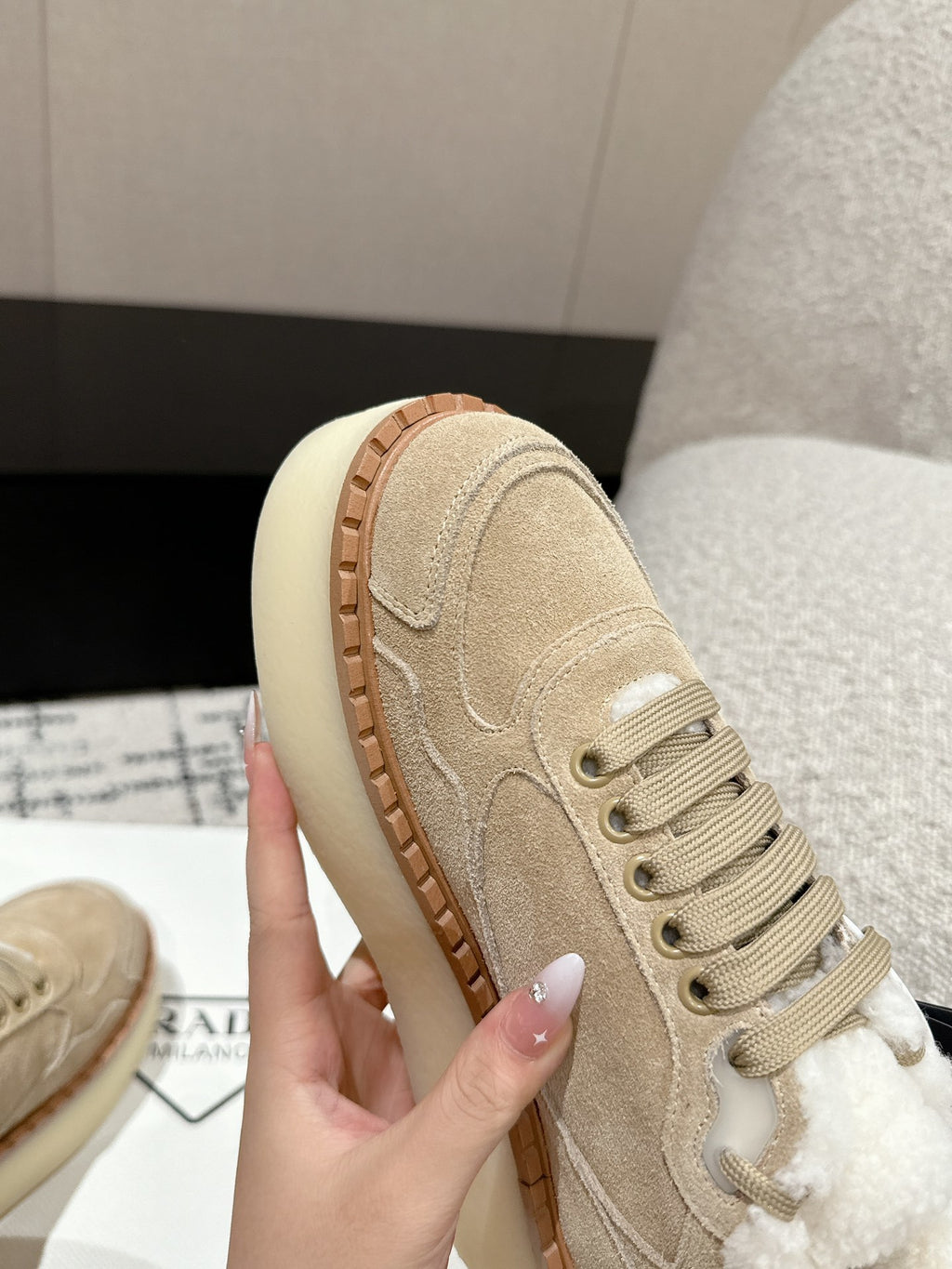 Ecru Suede Mid-Top Sneakers