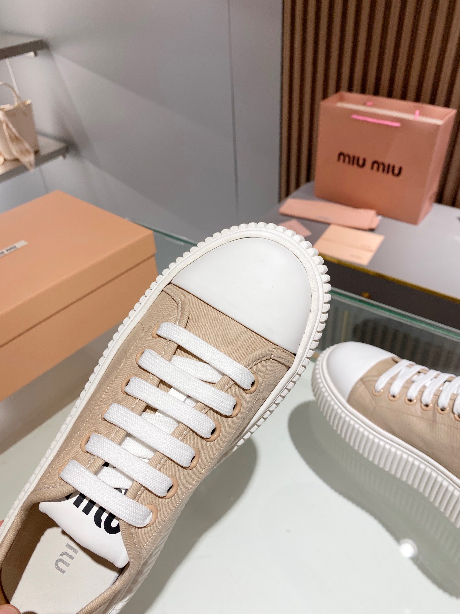 Beige denim sneakers