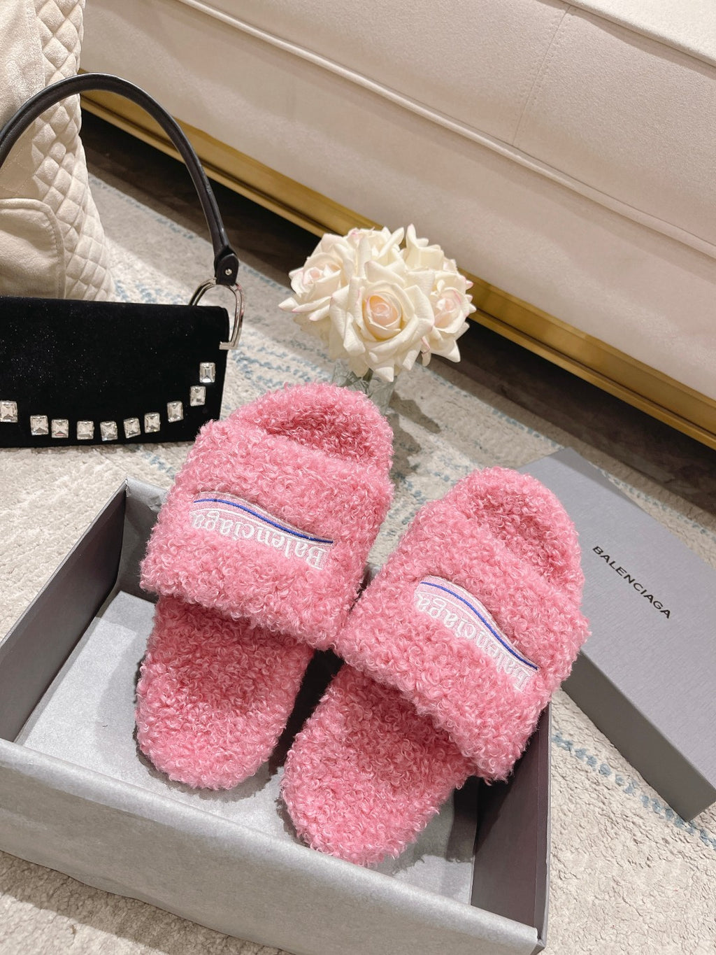 Pink Furry Slides Slip-On Sandals