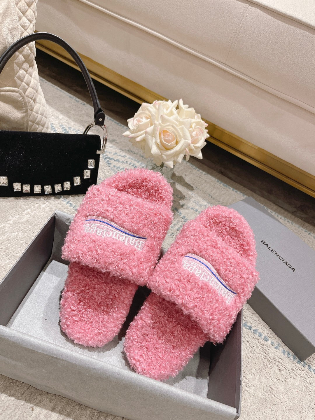 Pink Furry Slides Slip-On Sandals