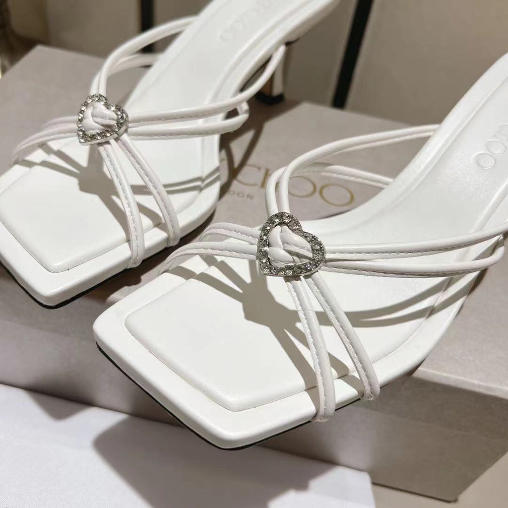 Latte Leather Mules with Crystal Hearts