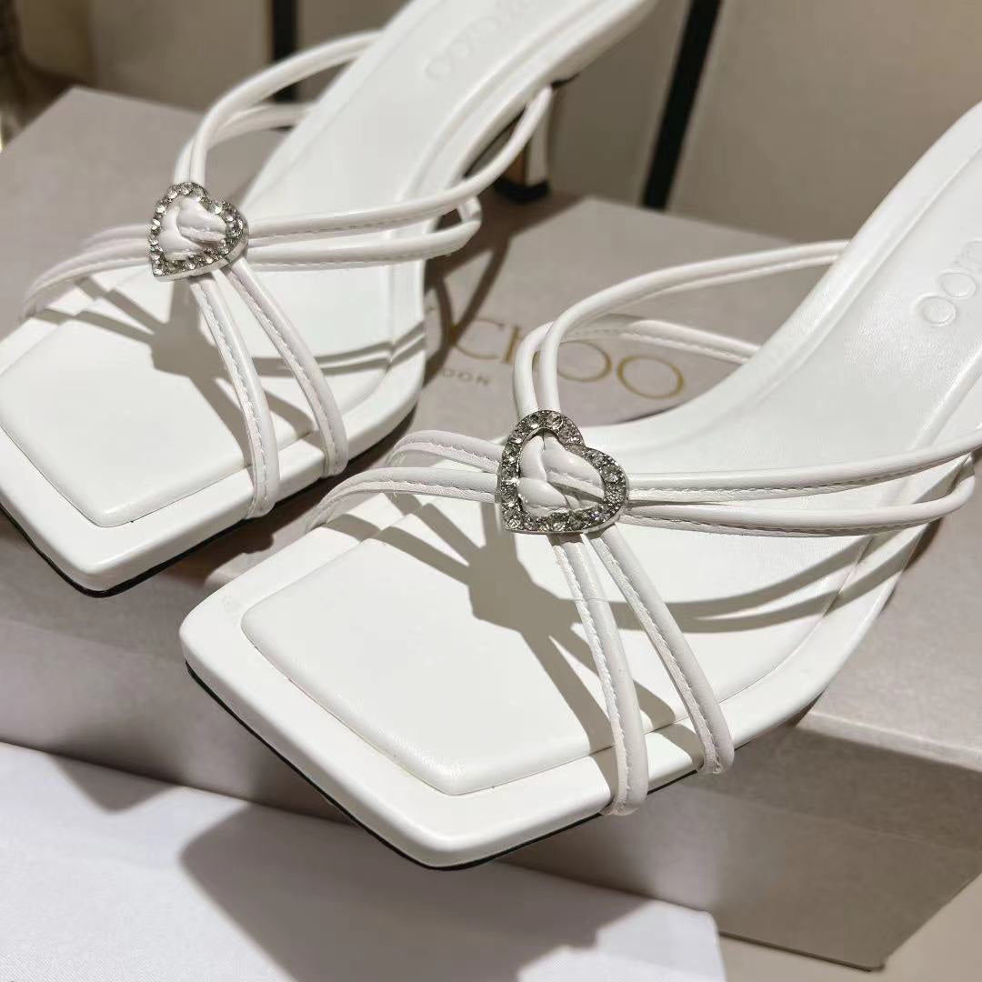 Latte Leather Mules with Crystal Hearts