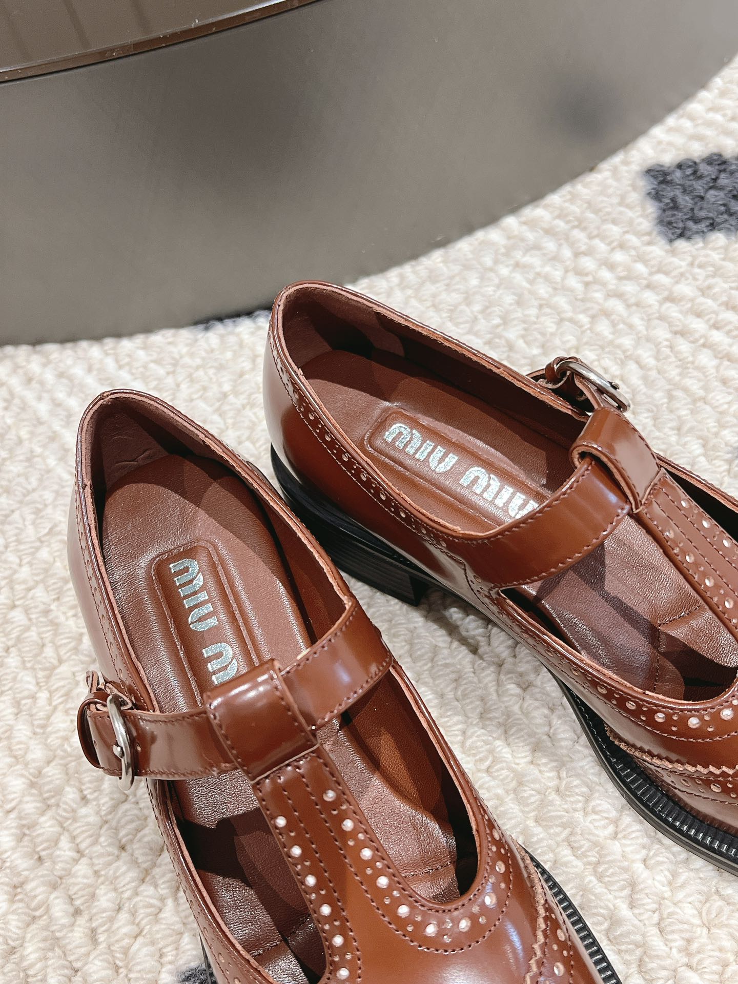 Tobacco Brushed Leather T-Strap Brogue Shoes