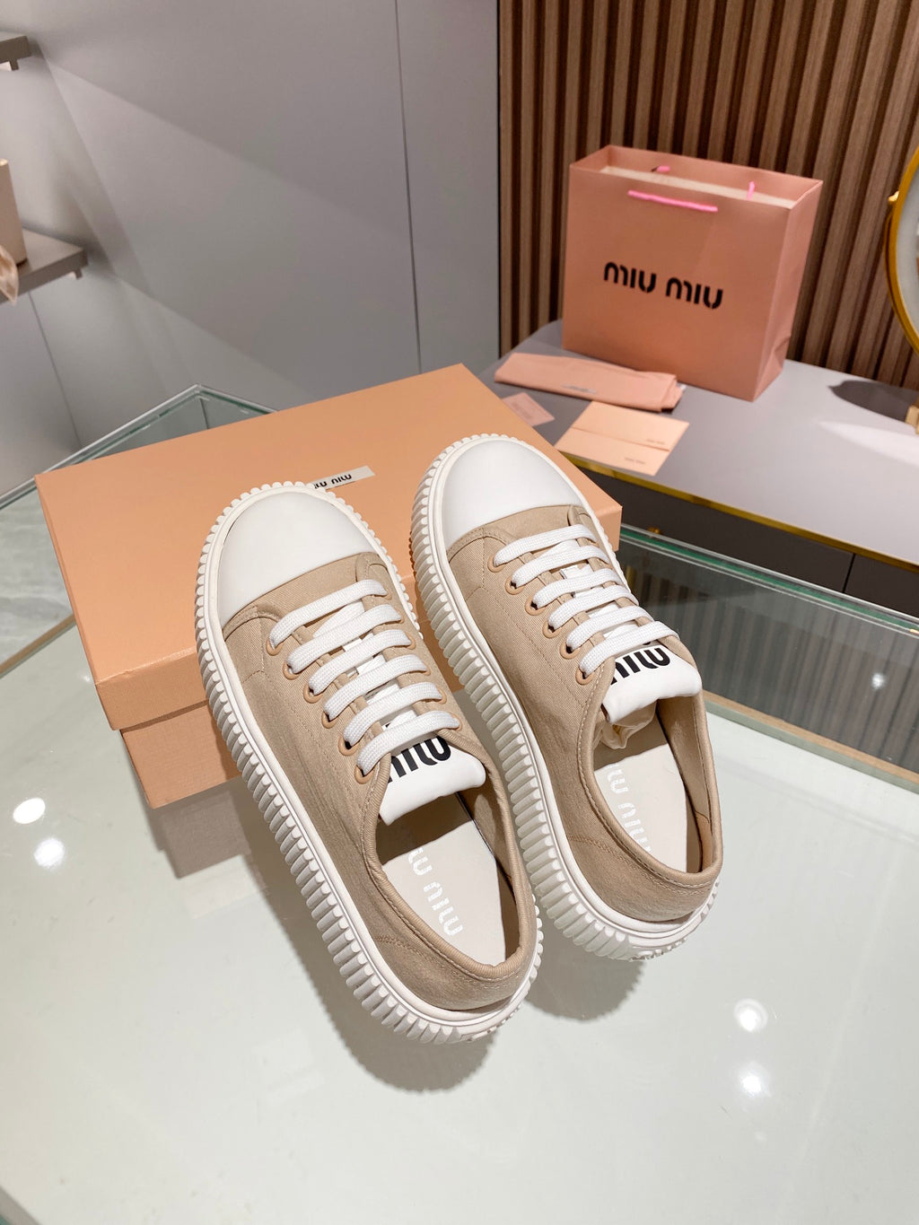 Beige denim sneakers