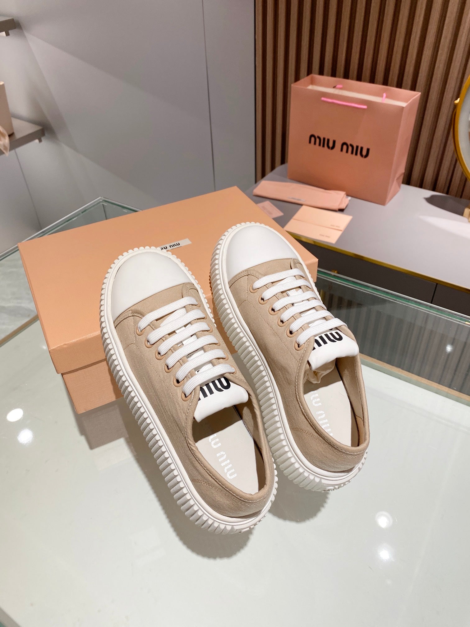 Beige denim sneakers