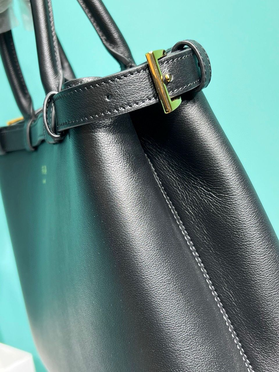 Black Buckle Medium Leather Handbag With Double Belt