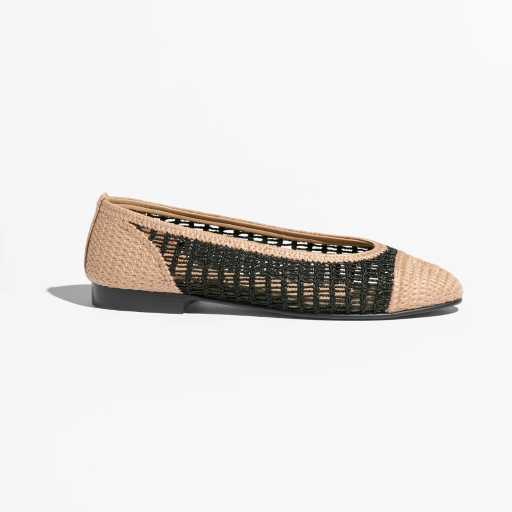 Black & Beige Raffia Ballet Flats