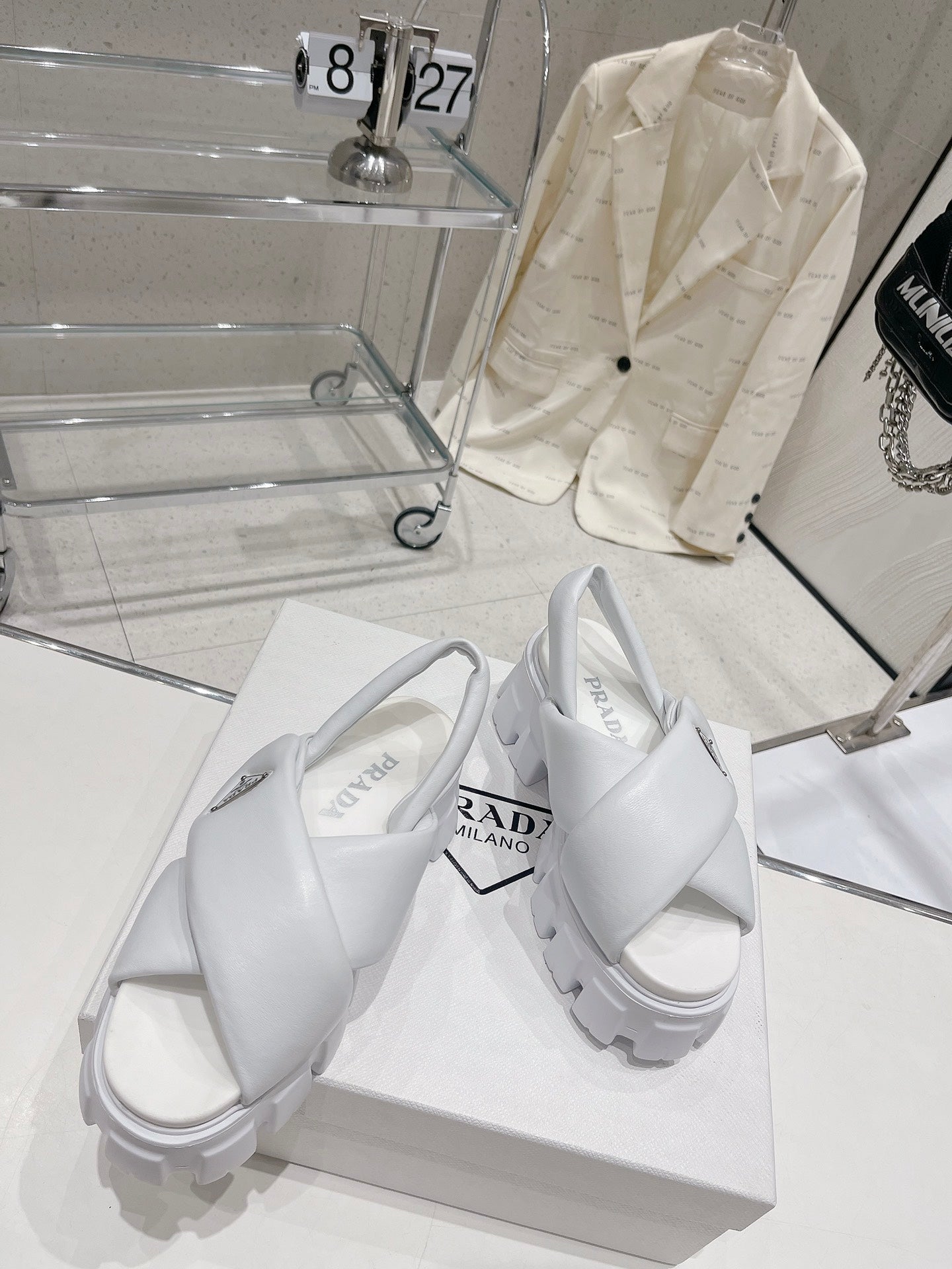 White P monolith padded leather sandals