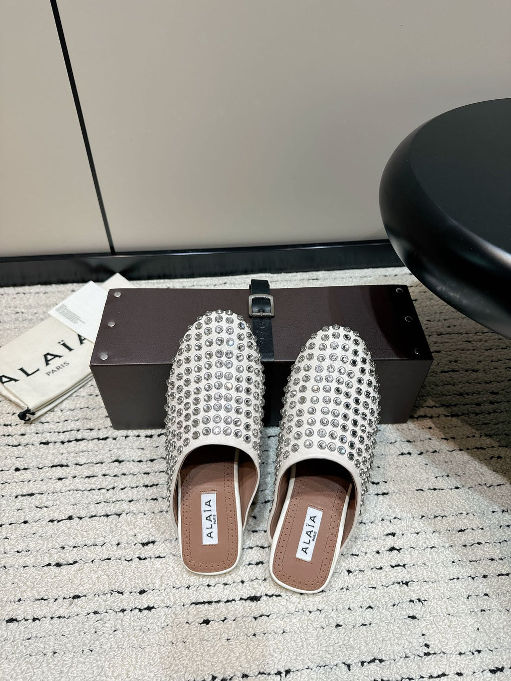 White Flat Mules In Strass Leather