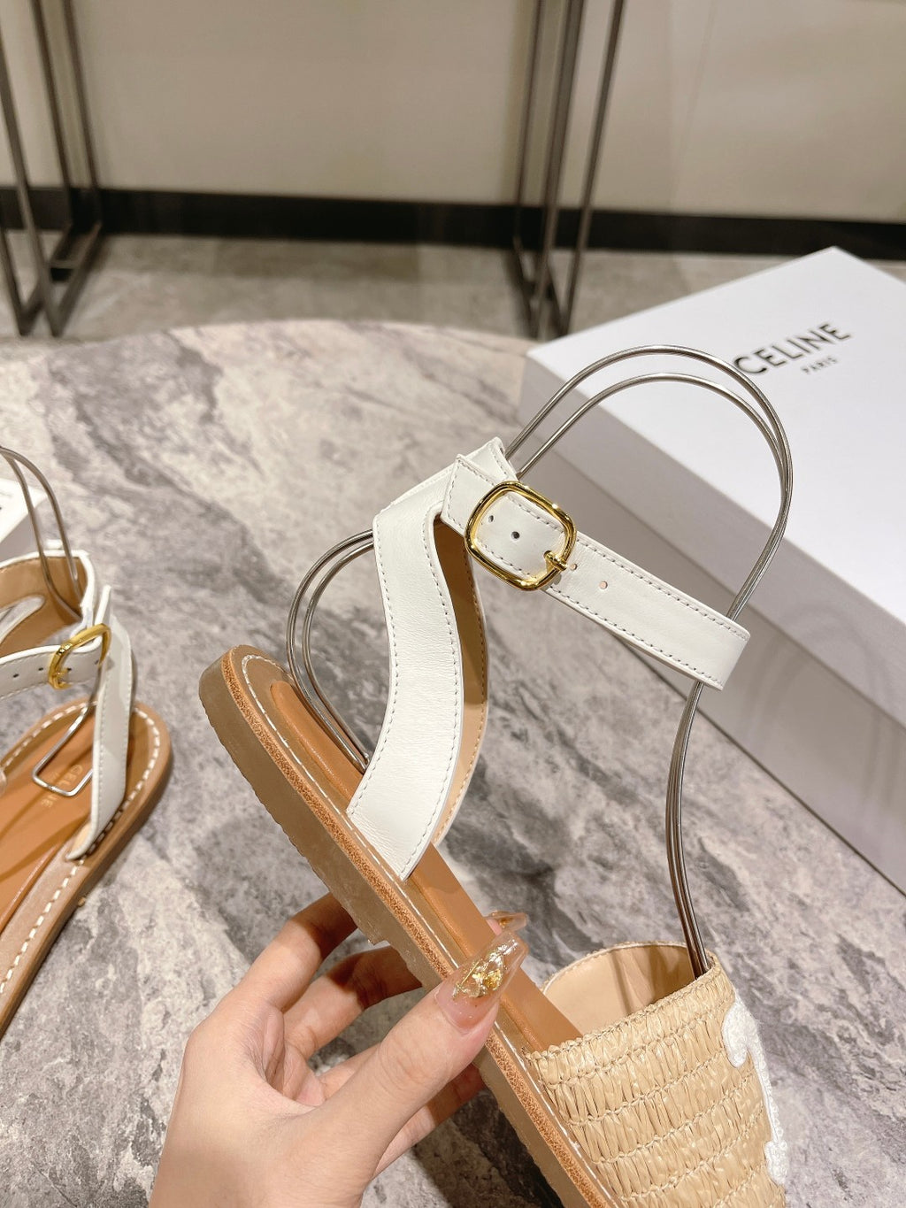 Beige & White CL Flat Strap Sandal