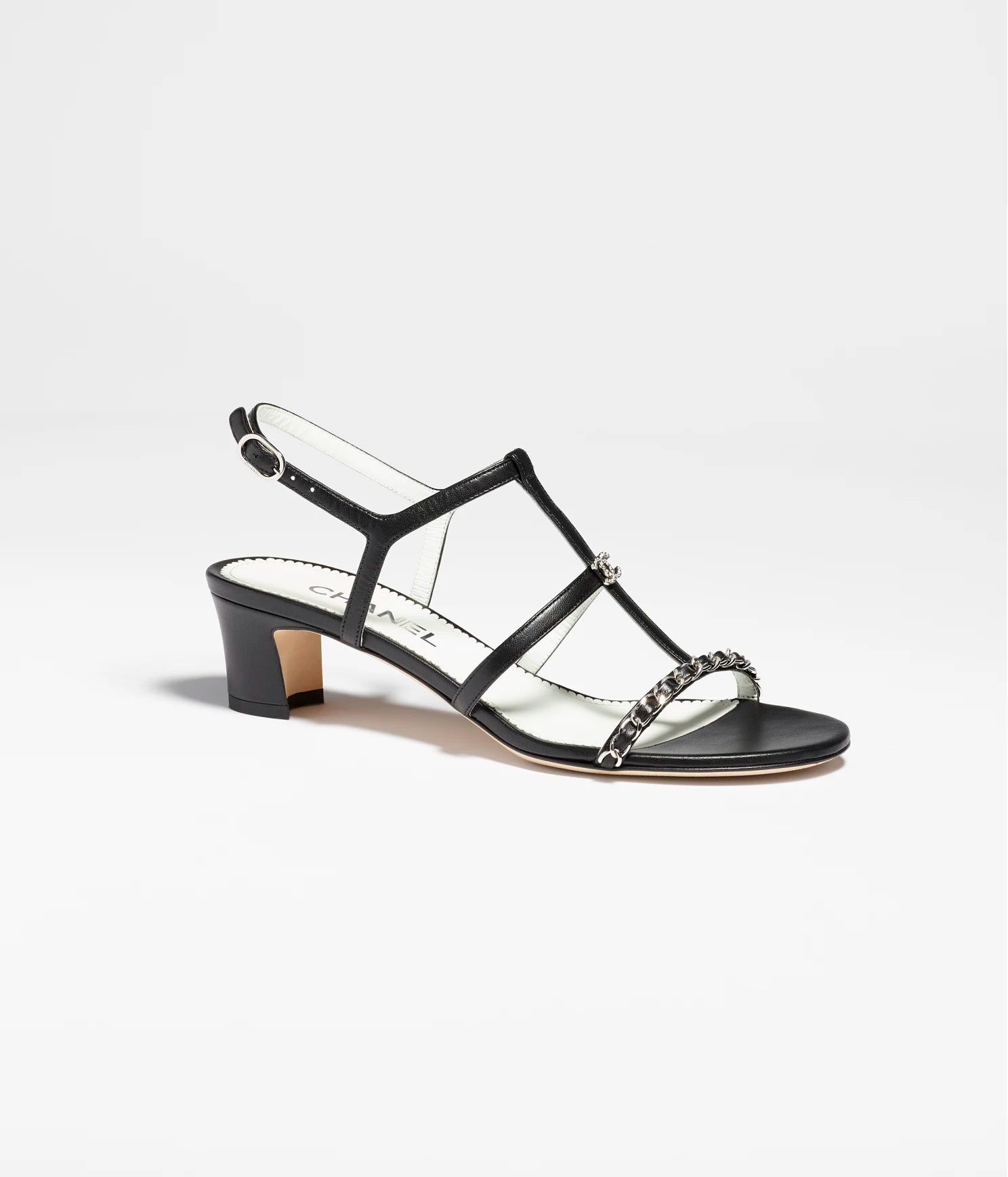 Black CC leather & metal sandals