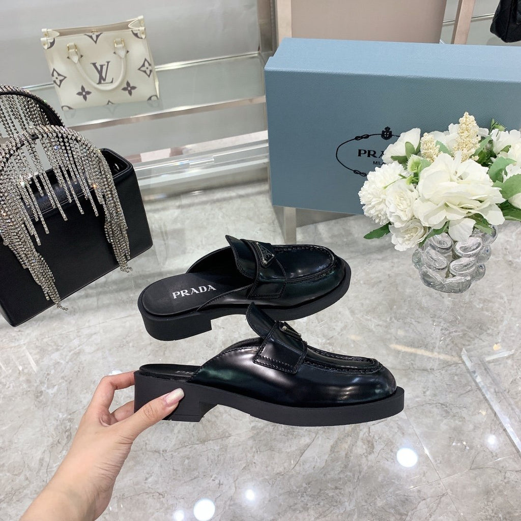Black Brushed leather mules
