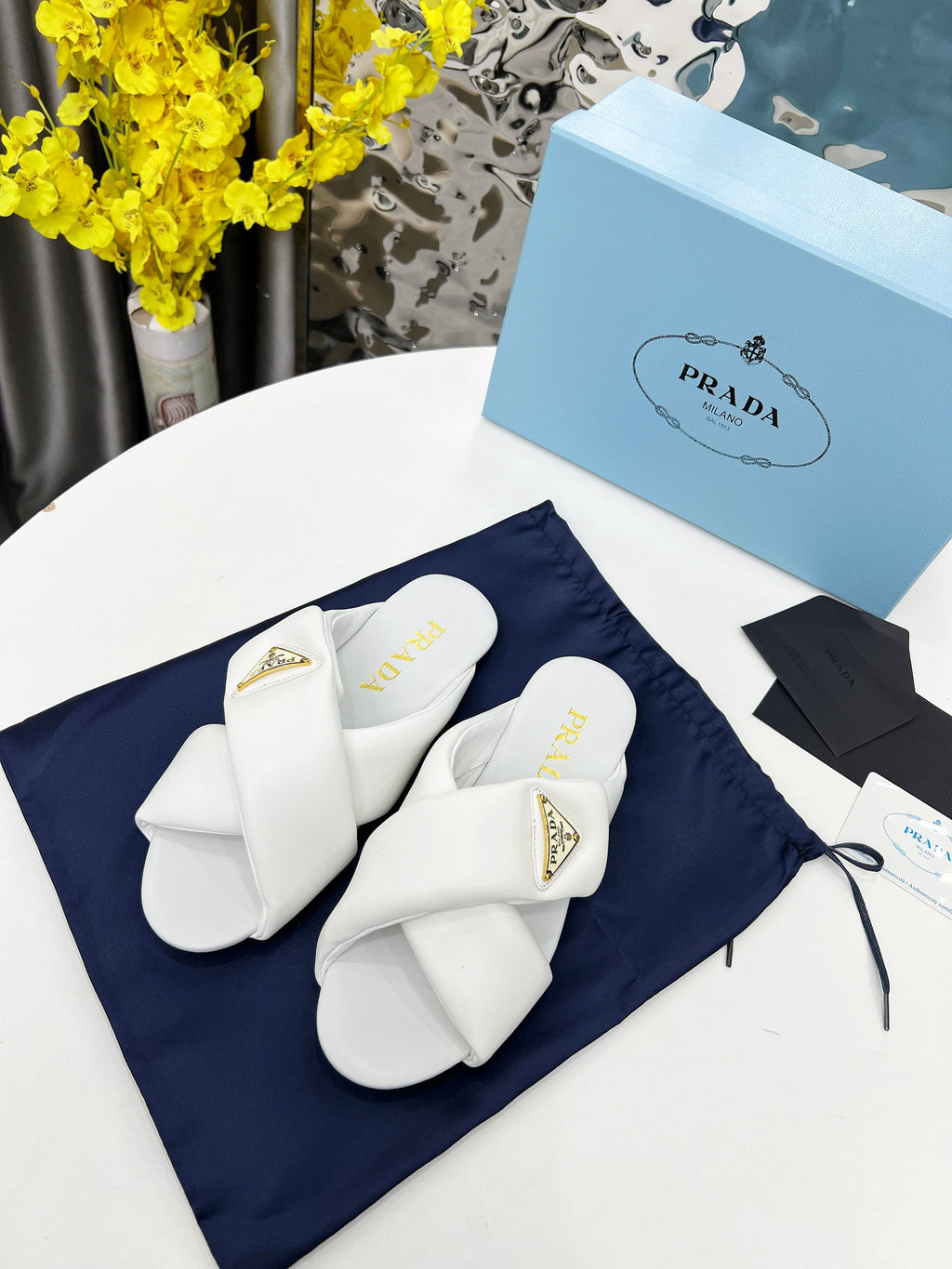 White Padded Leather Slides