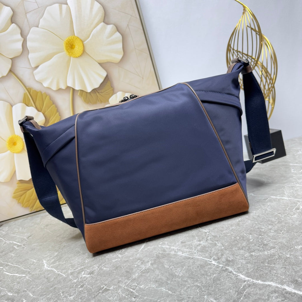 Blue/Coffee Re-Nylon & Leather Shoulder Bag