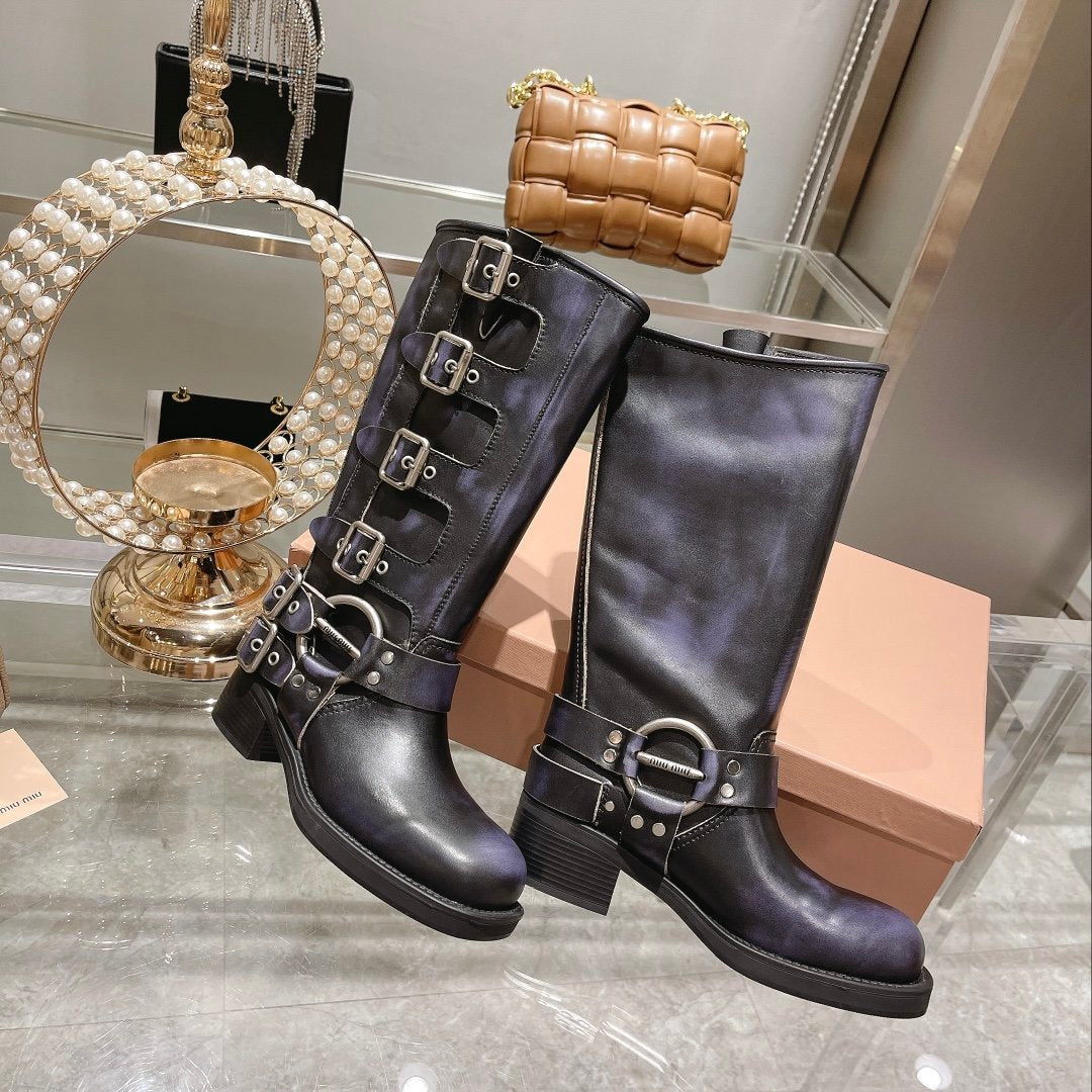 Black leather biker boots