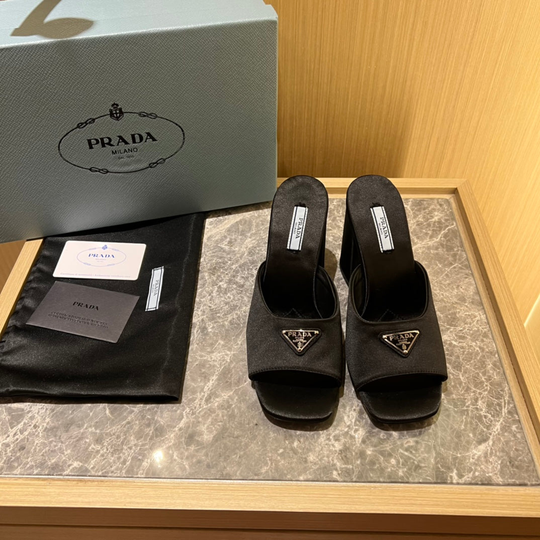 Black High-heeled satin slides