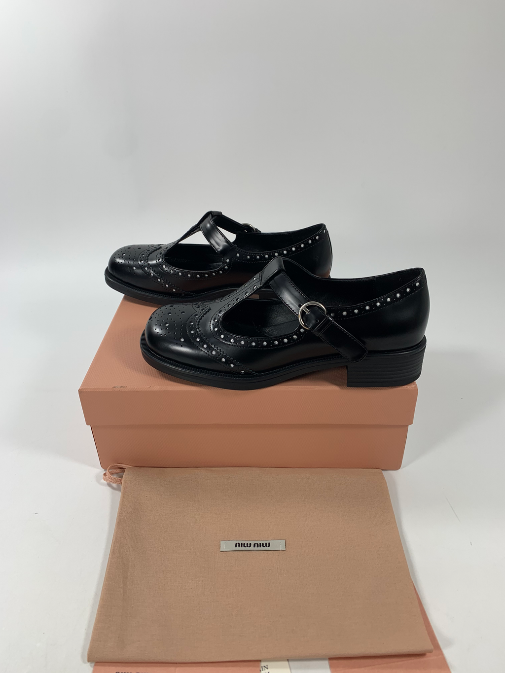 Black Brushed Leather T-Strap Brogue Shoes