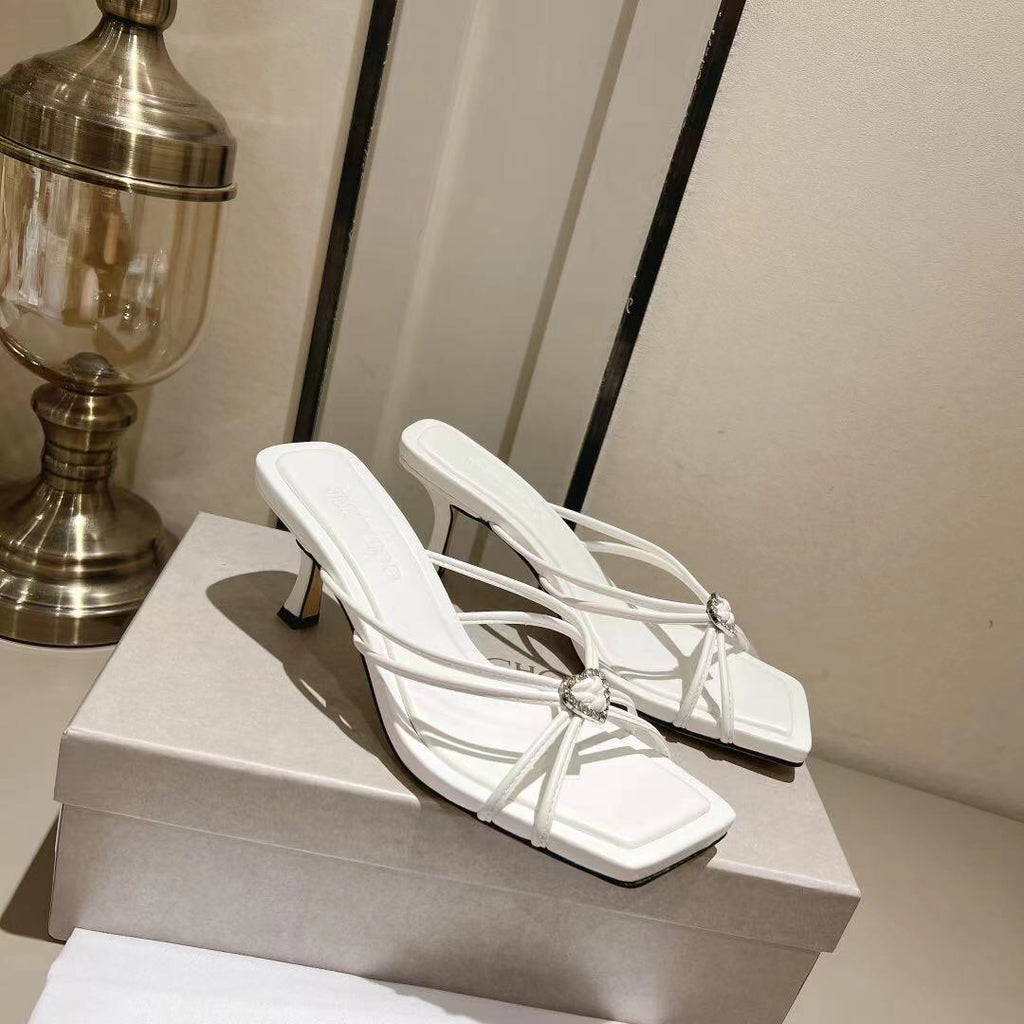 Latte Leather Mules with Crystal Hearts