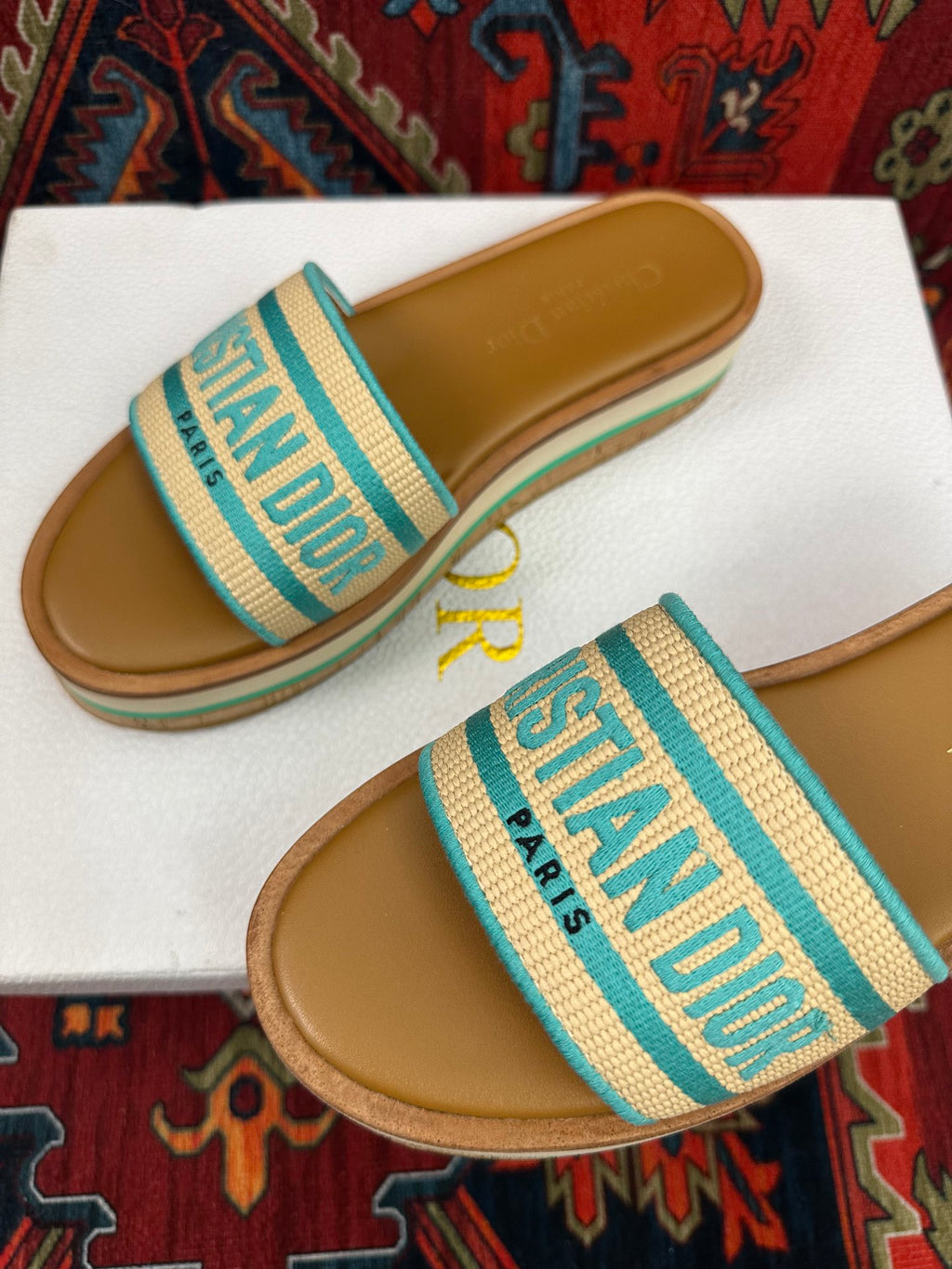 Natural Raffia & Aquamarina Embroidered DD Platform Slide