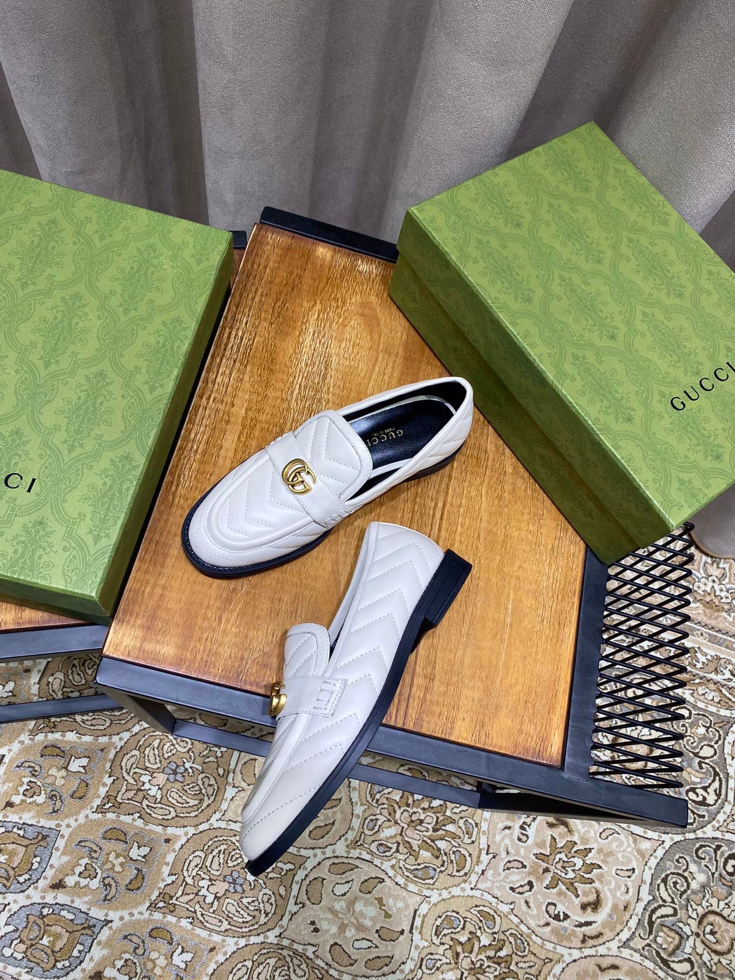 White chevron matelassé loafer