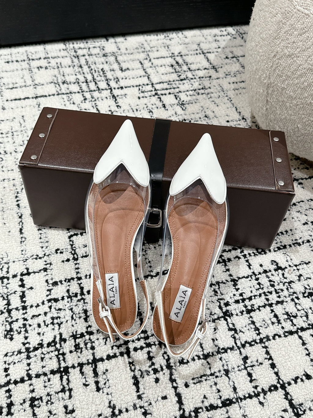 White LC Flat Slingbacks In Patent Leather