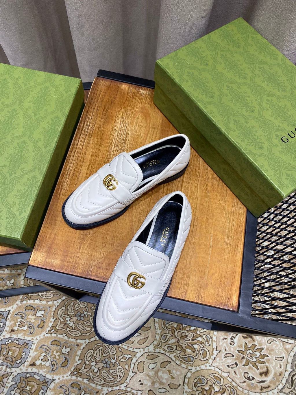 White chevron matelassé loafer