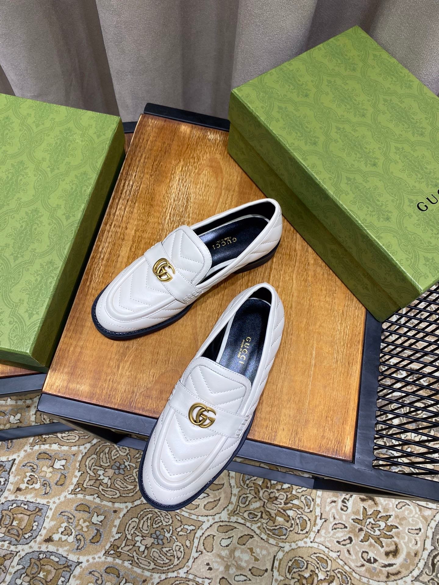 White chevron matelassé loafer