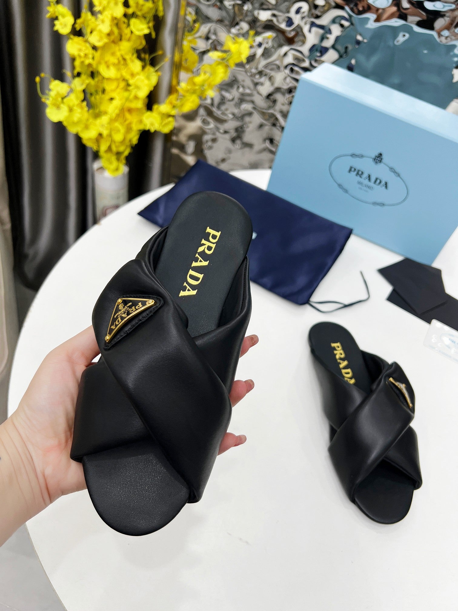 Black Padded Leather Slides