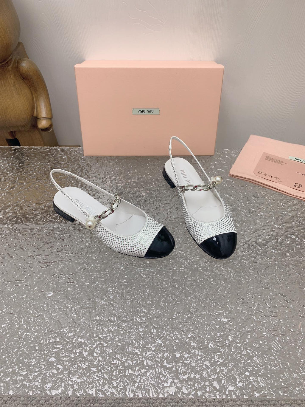 Ivory/Black Satin Slingback Ballerinas With Crystals