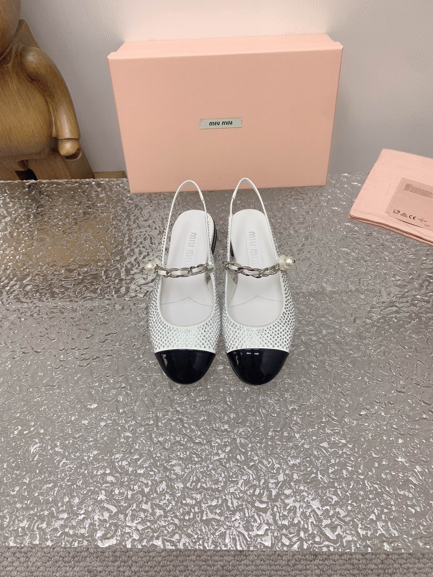 Ivory/Black Satin Slingback Ballerinas With Crystals