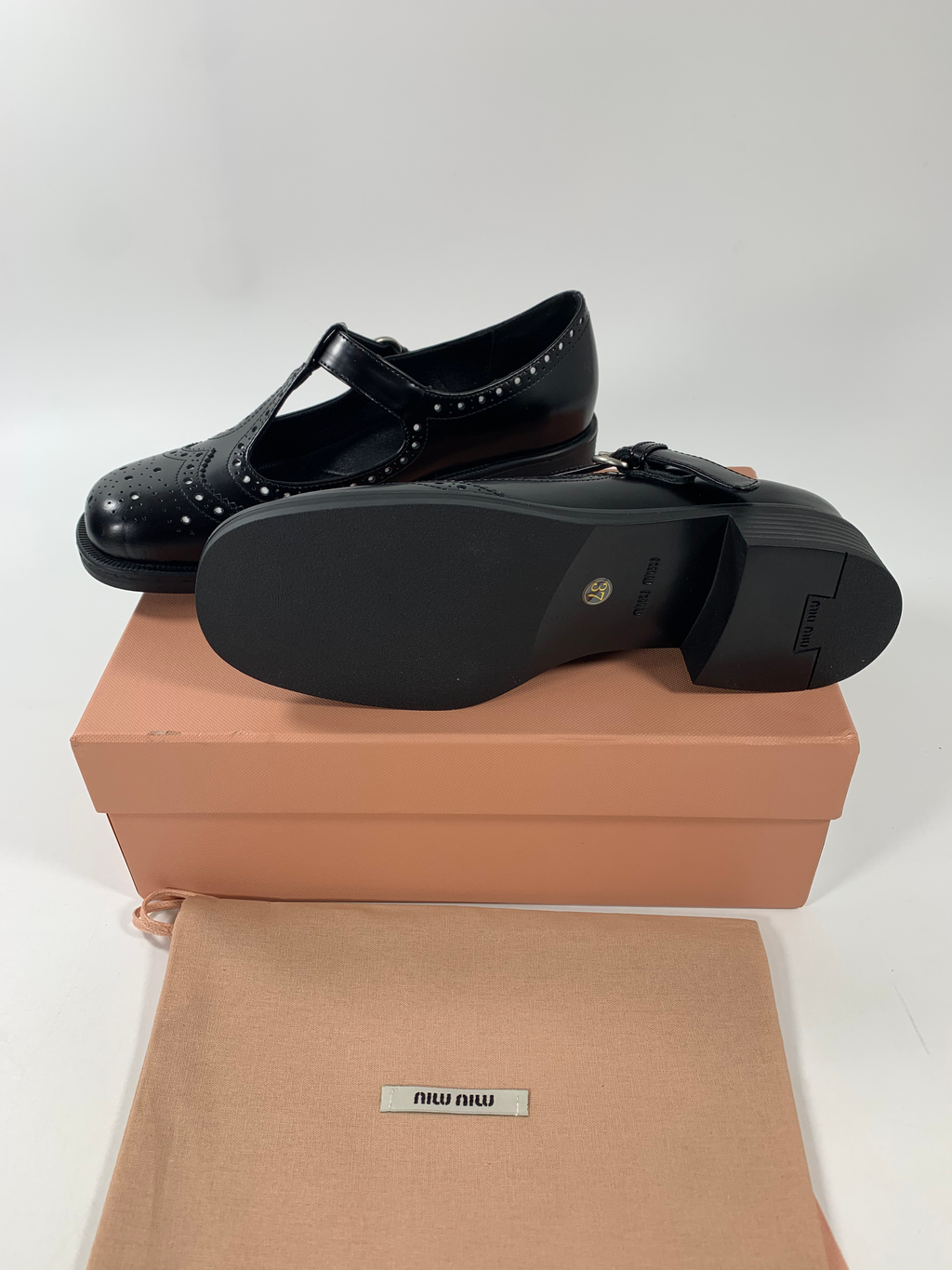 Black Brushed Leather T-Strap Brogue Shoes