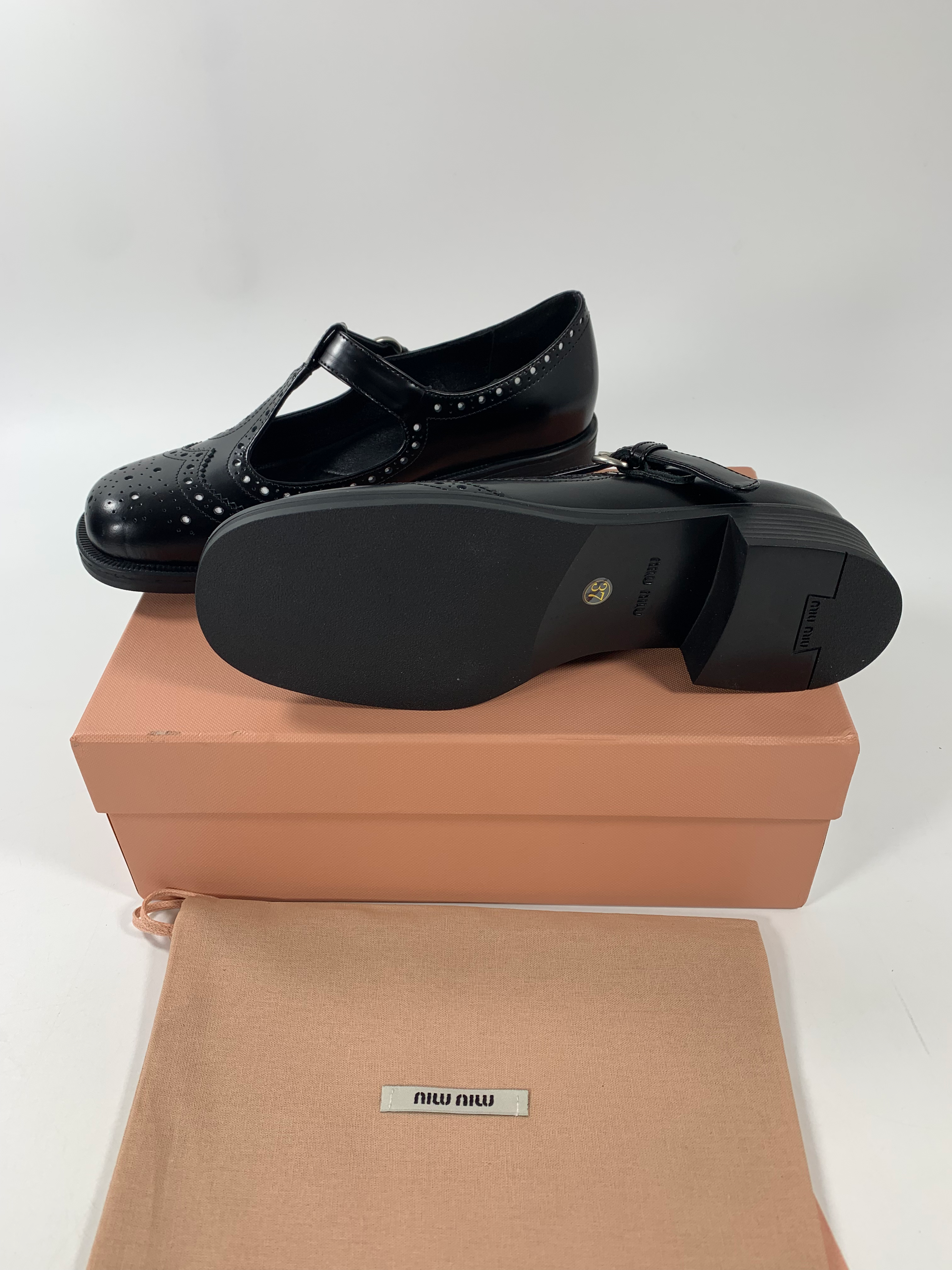 Black Brushed Leather T-Strap Brogue Shoes