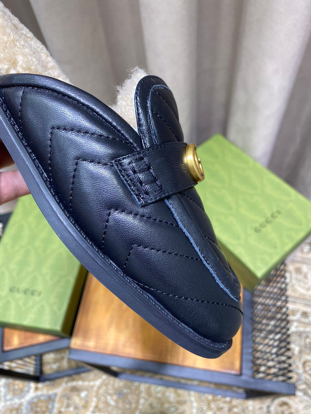 Black chevron matelassé slipper
