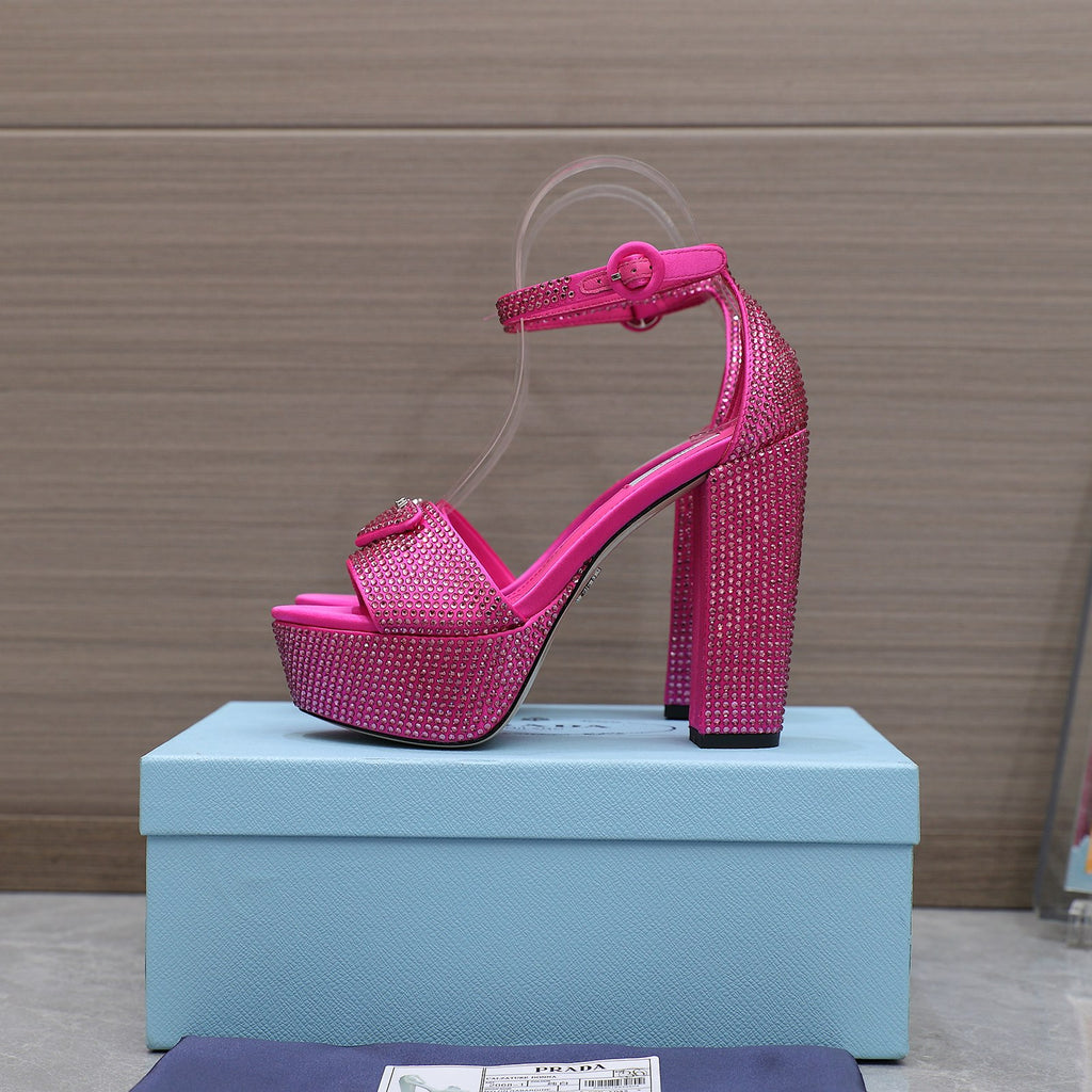 Pink Satin Platform Sandals With Crystals