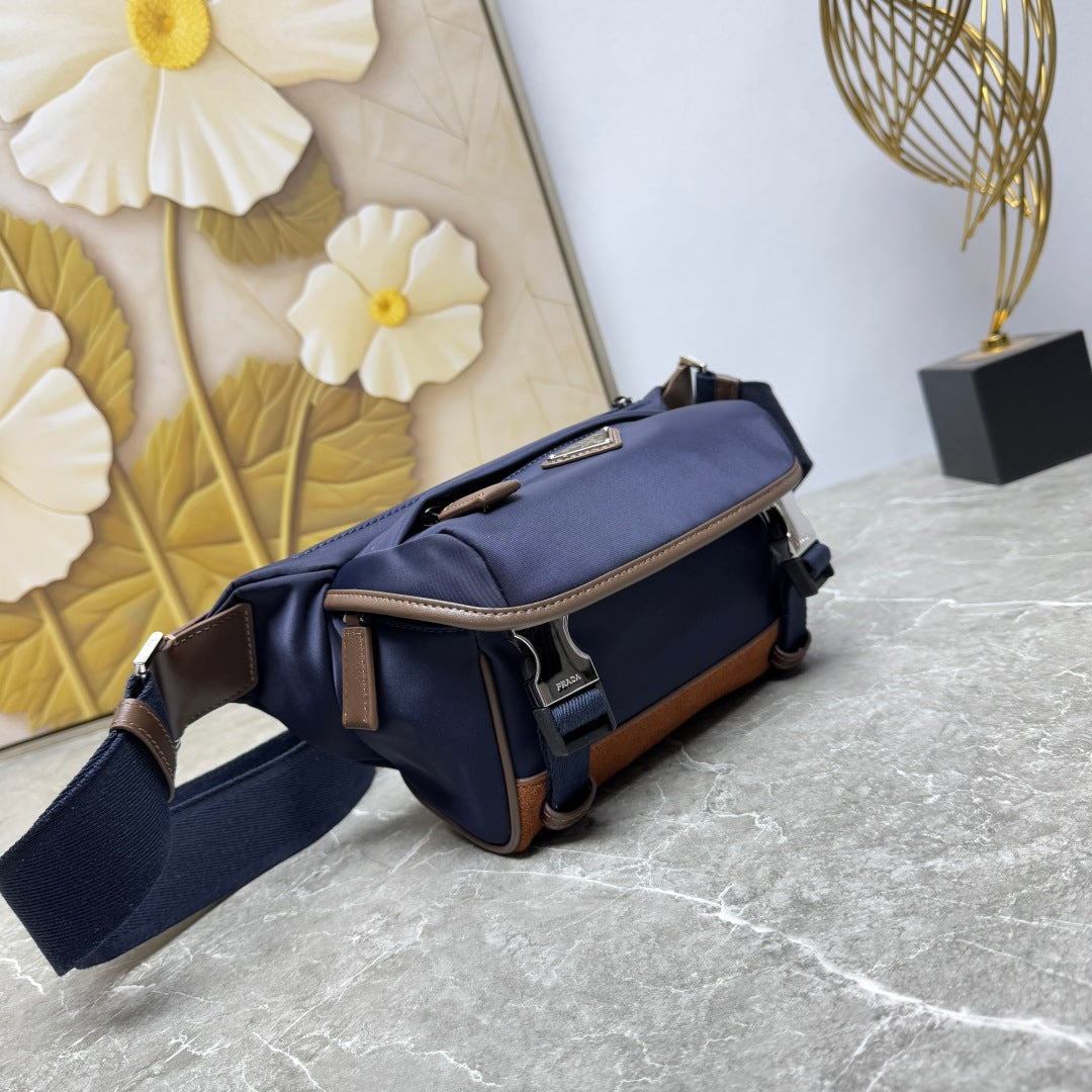 Blue/Coffee Small Re-Nylon & Leather Shoulder Bag