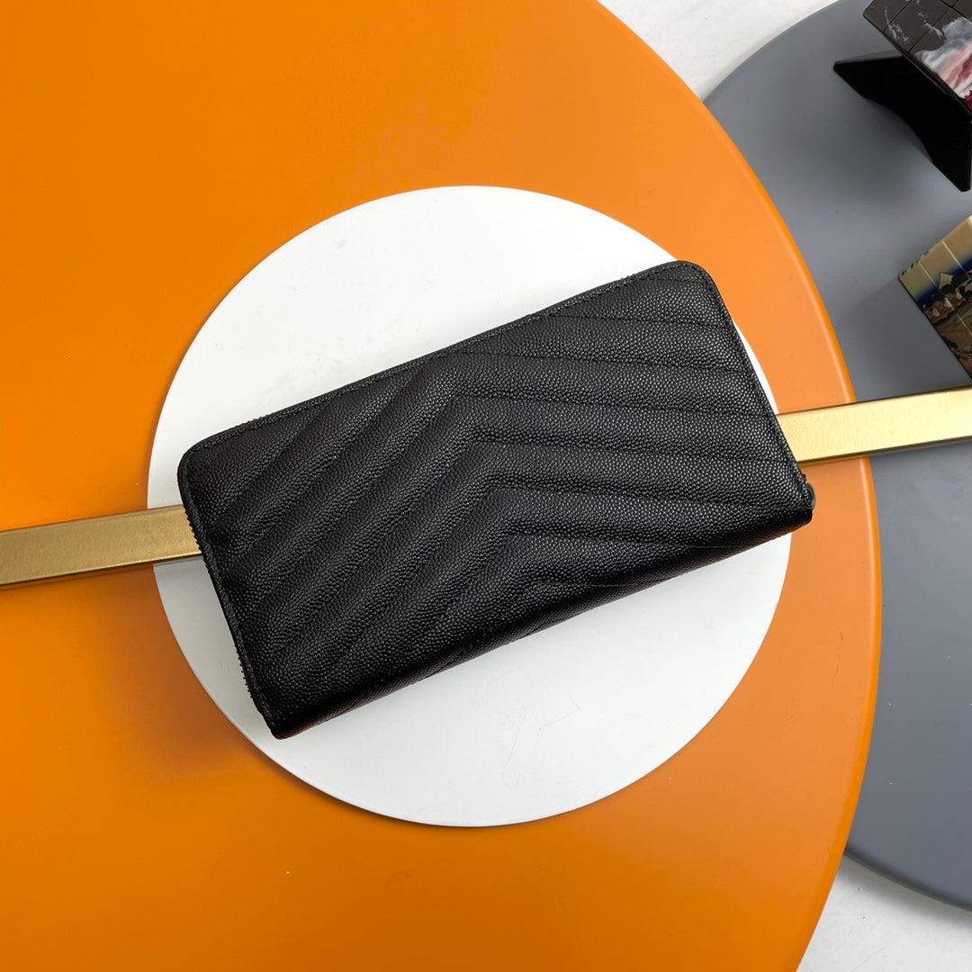 Black Zip-Around Wallet With Gunmetal-Tone Hardware