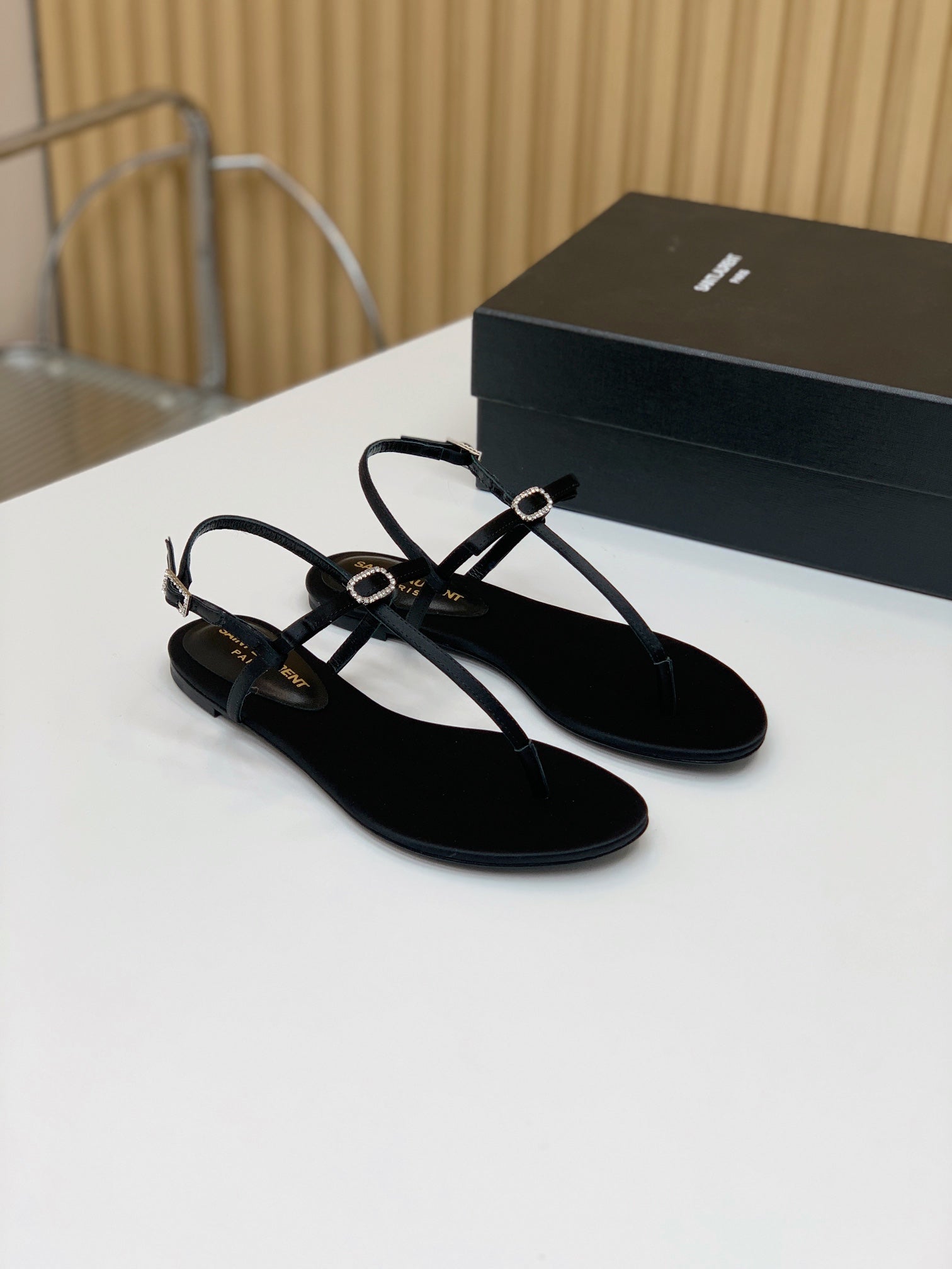 Black J Flat Sandals In Satin Crepe