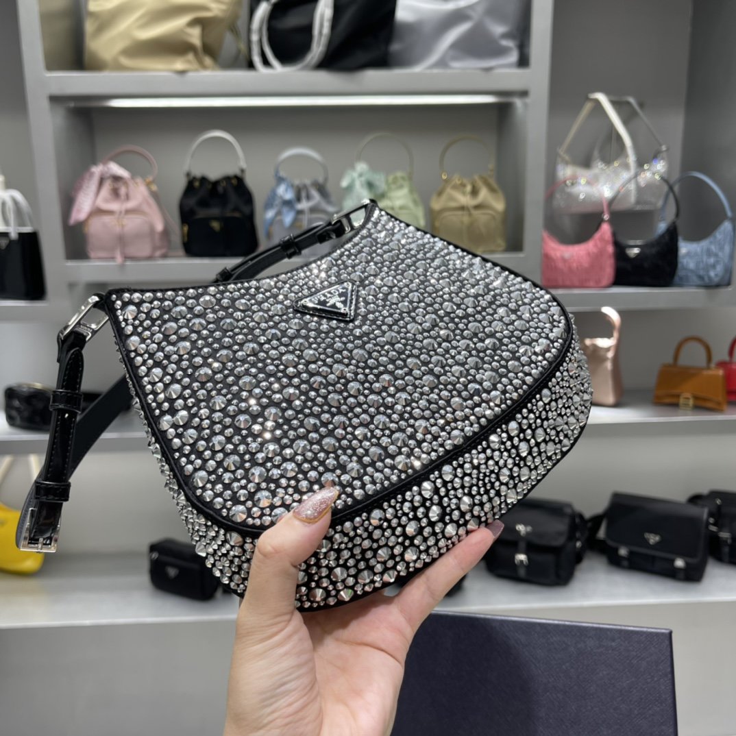 Black PC satin bag with appliqués