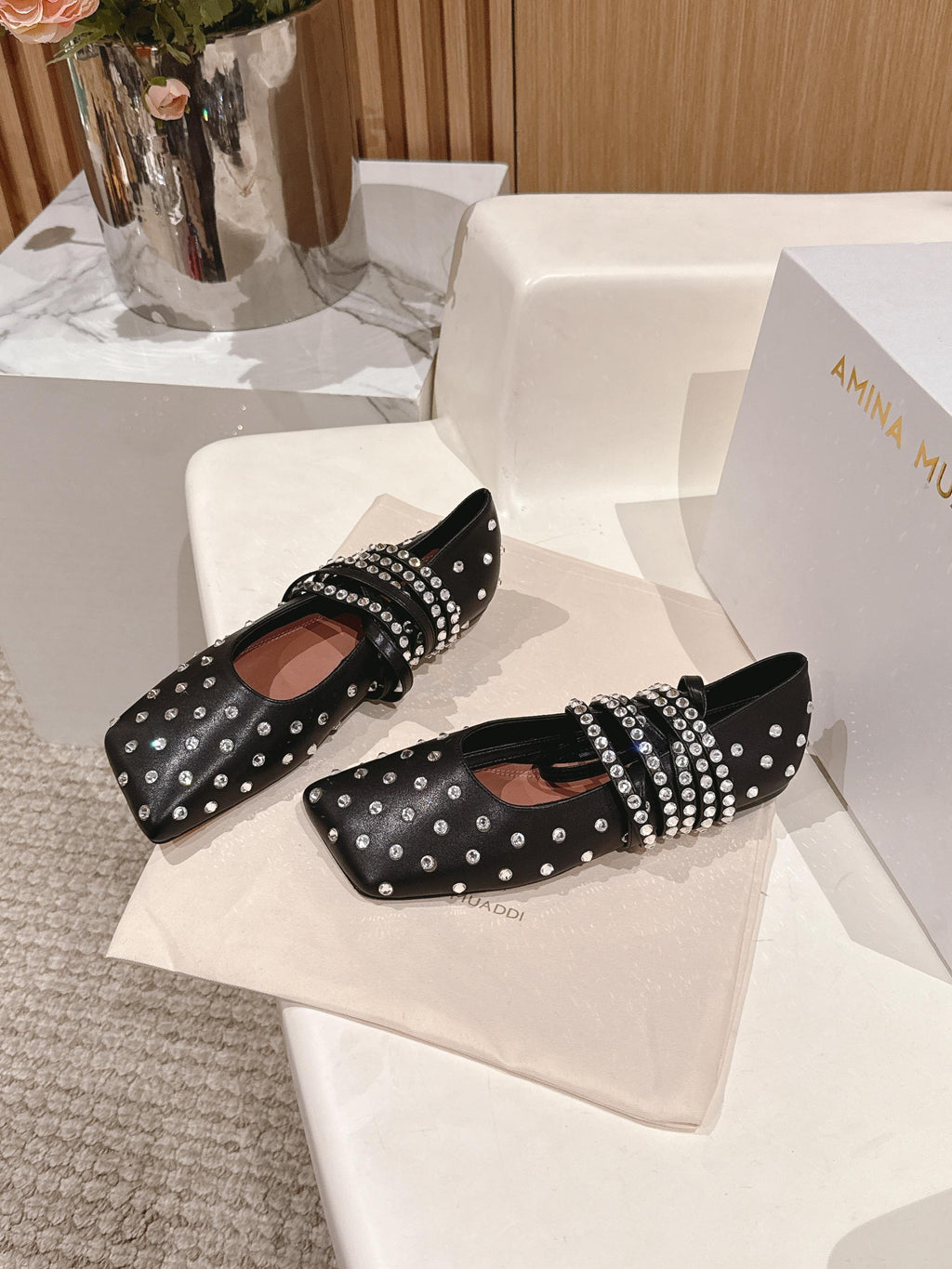 Black Ane Embellished Leather Ballet Flats