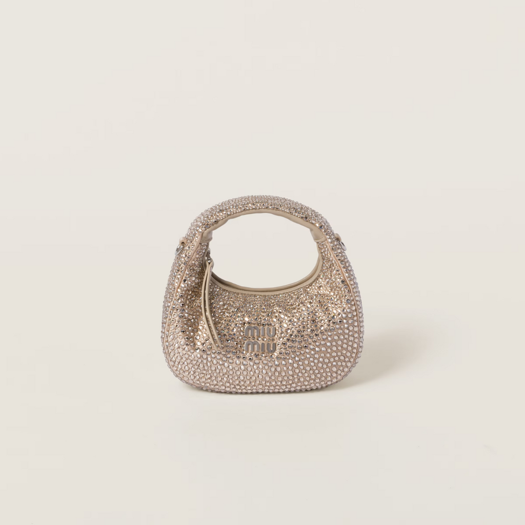 Sand Beige Wander Satin Mini Hobo Bag With Synthetic Crystals