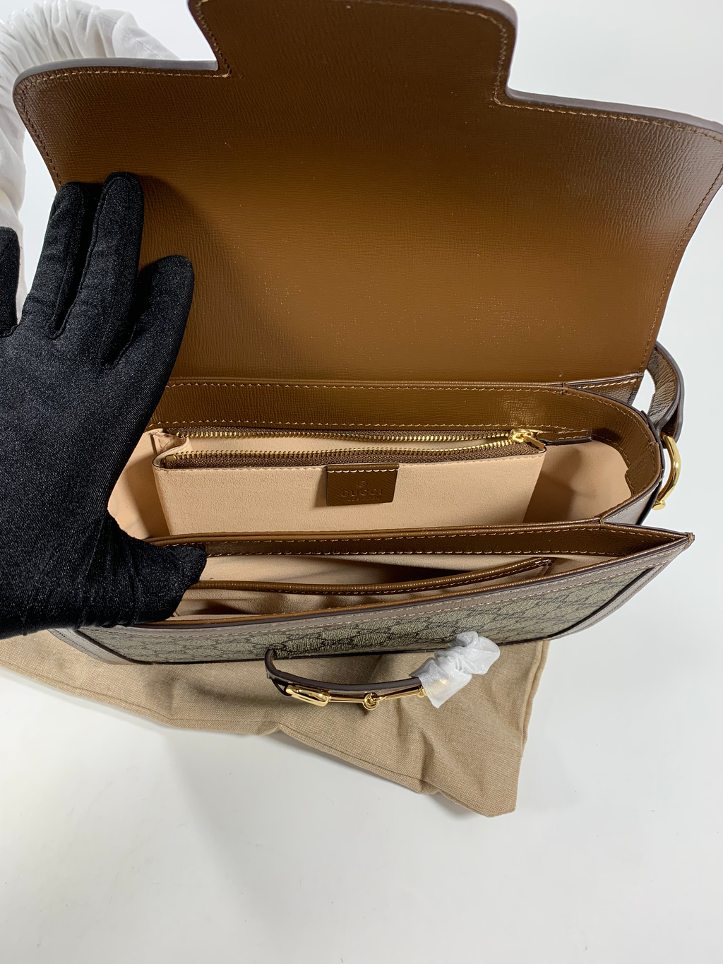 Beige & dark-brown GH medium printed coated-canvas shoulder bag