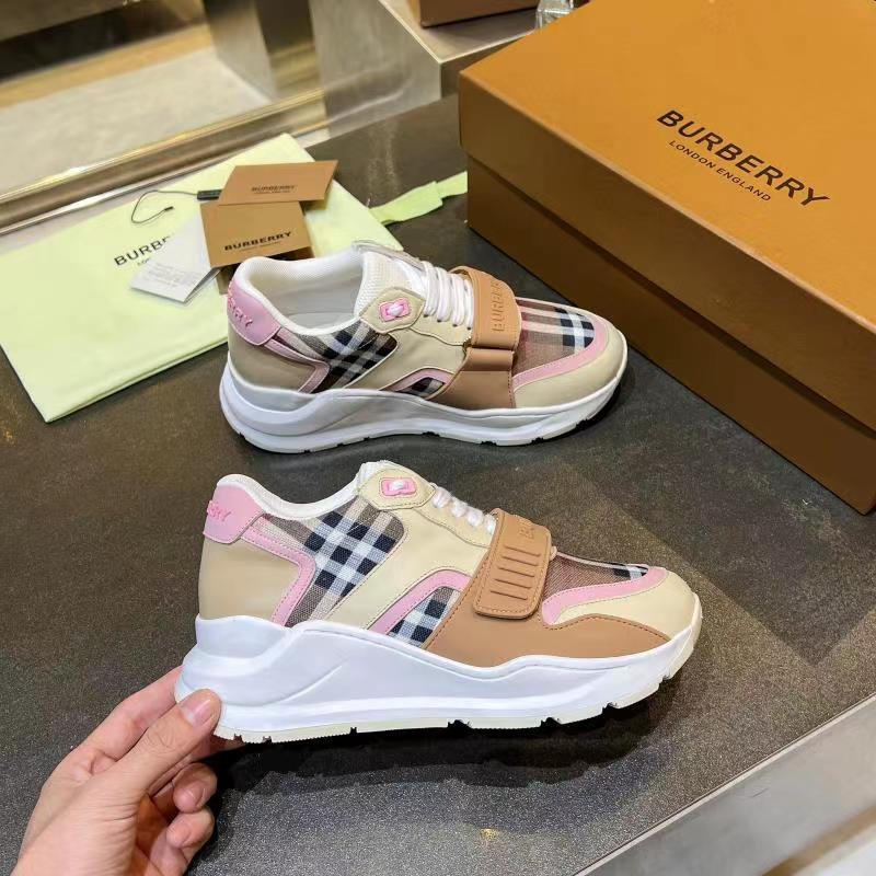 Brown/Pink Check Cotton and Leather Sneakers
