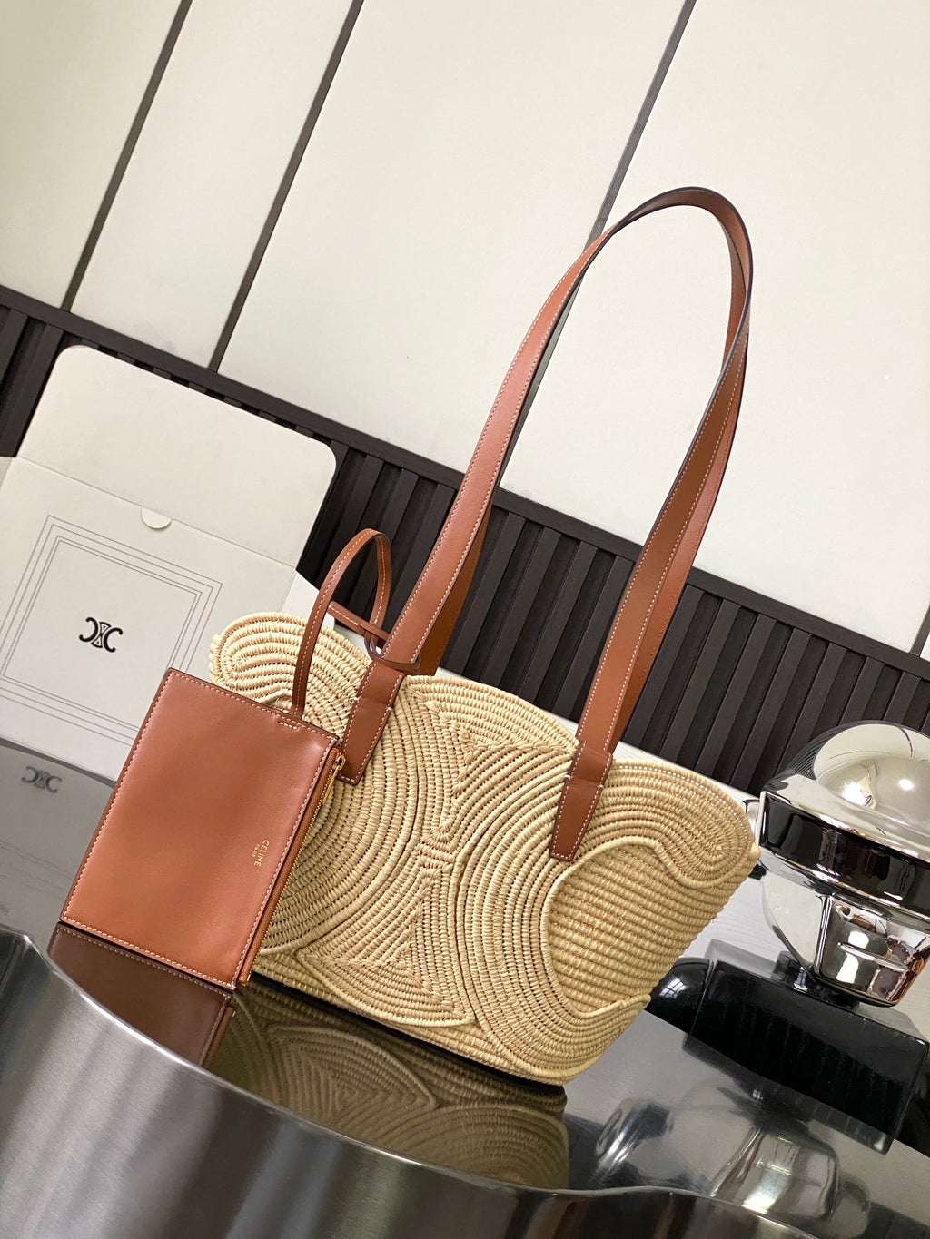 Tan Classic Panier Small Braided In Raffia & Leather