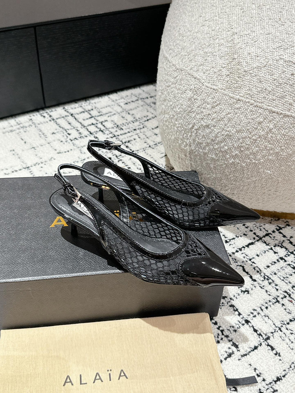 Black Le Coeur Slingbacks In Fishnet