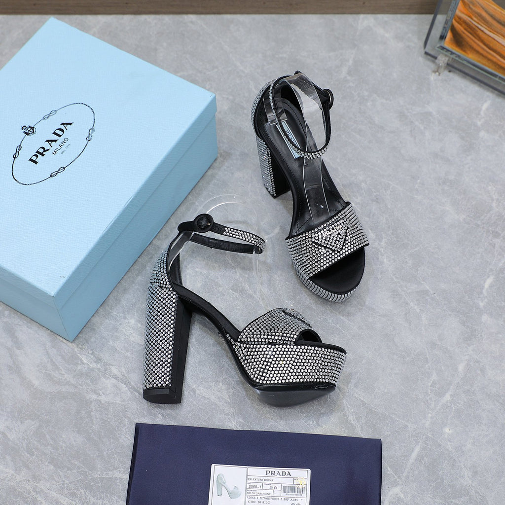 Black Satin Platform Sandals With Crystals