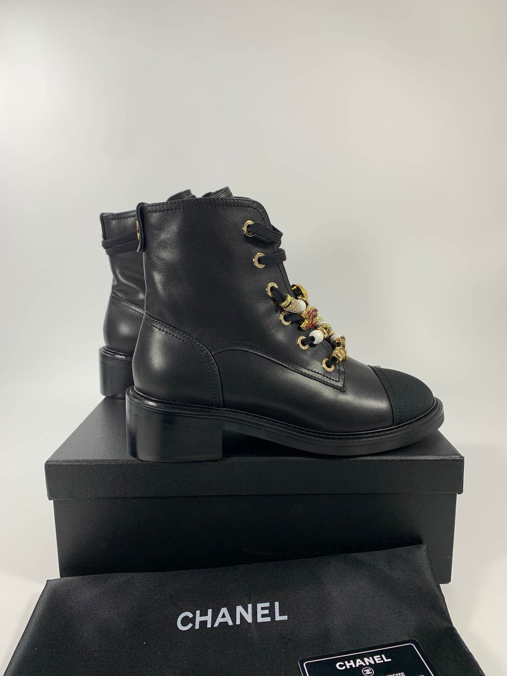 Leather, Grosgrain, Imitation Pearls, Strass & Metal Combat Boots