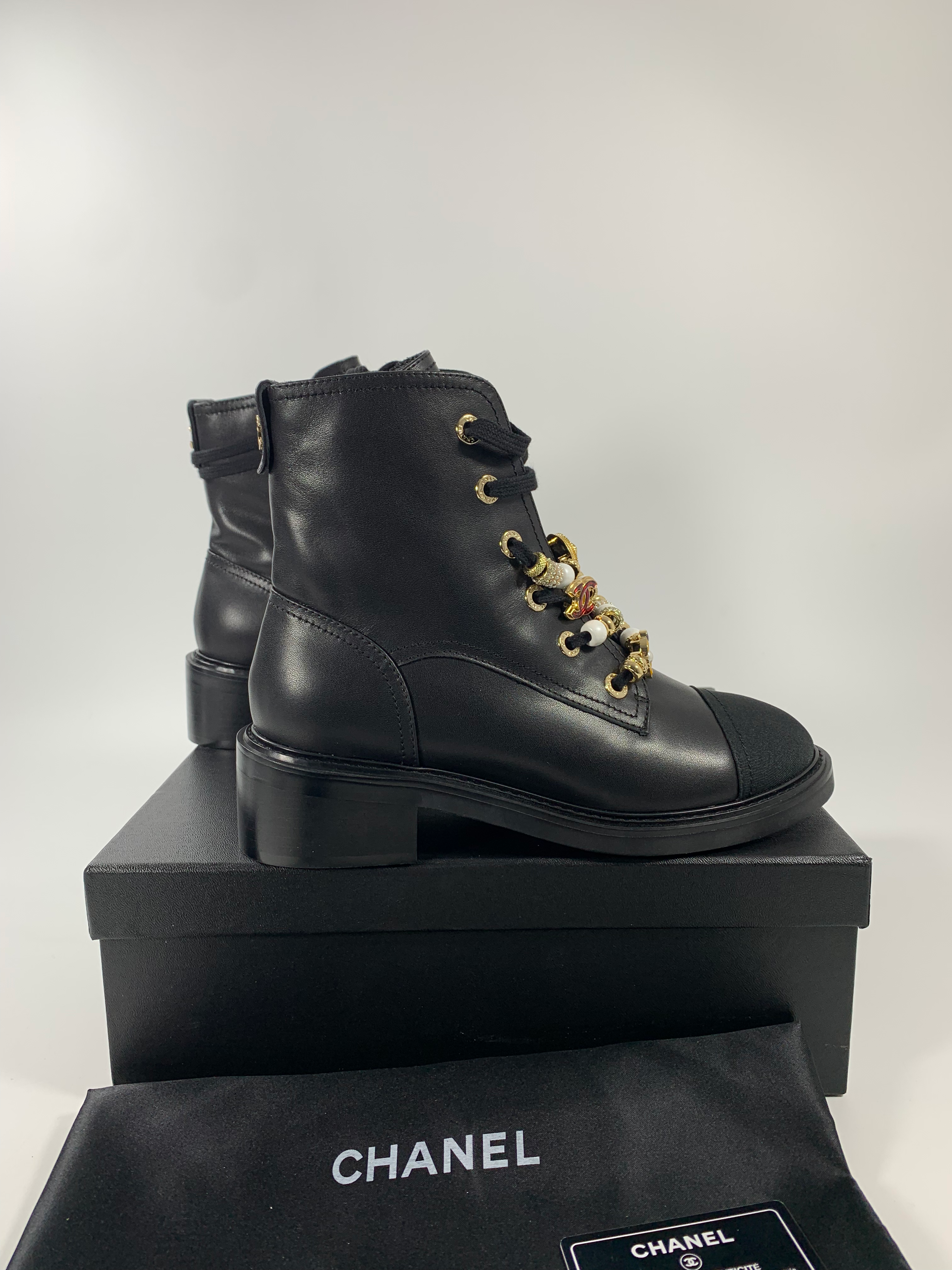 Leather, Grosgrain, Imitation Pearls, Strass & Metal Combat Boots