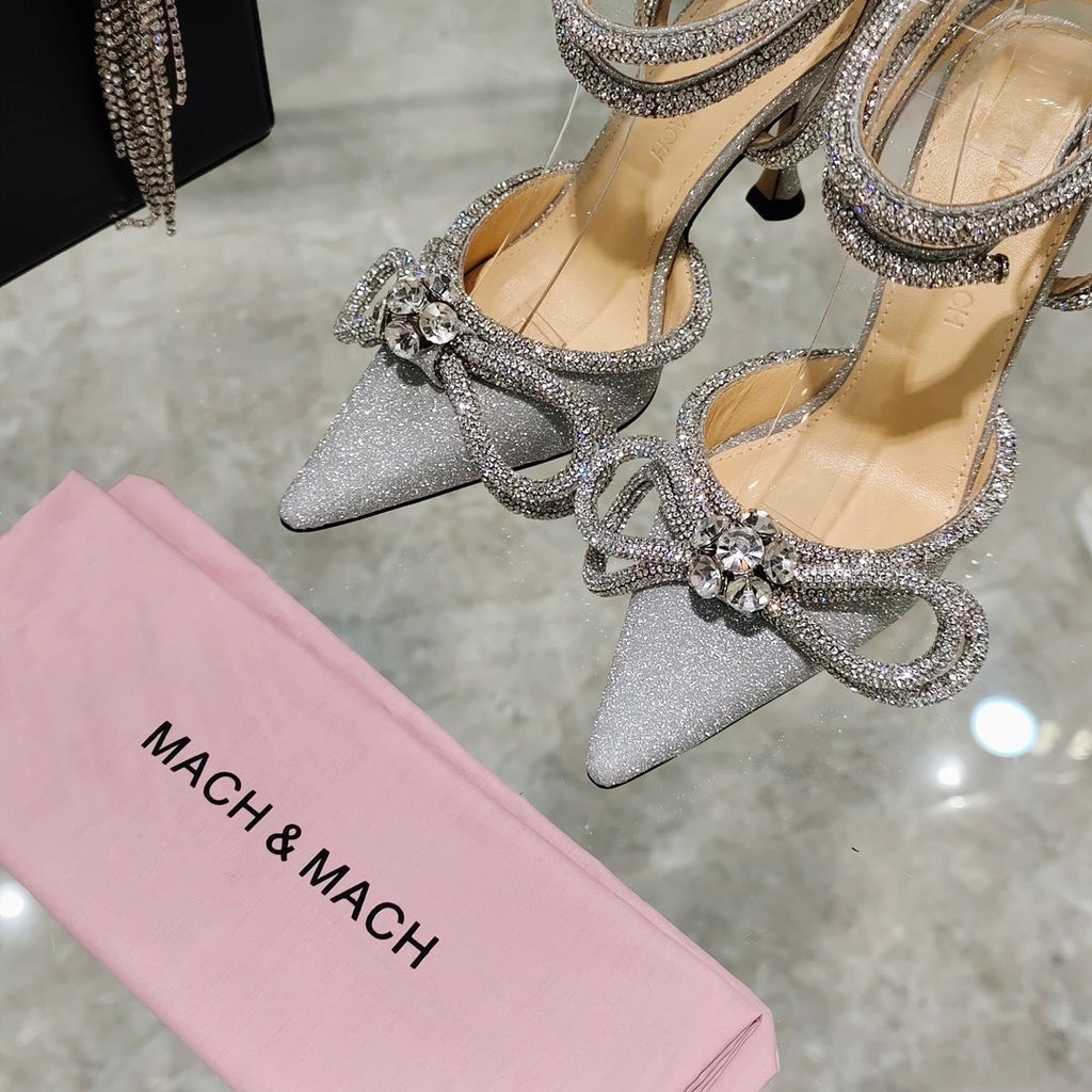 Metallic glitter double bow pumps